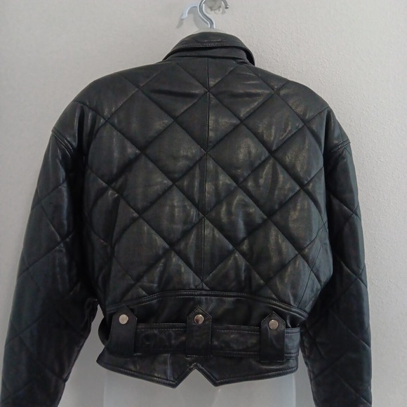 Green Field Leather Jacket Womens Medium MOTO Black Belted Motorcycle Grunge VTG - Picture 2 of 13